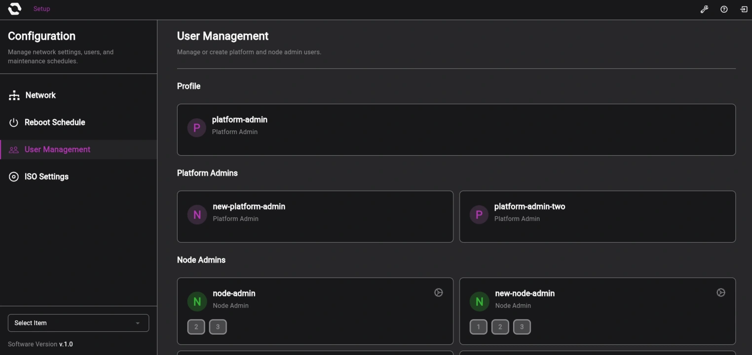 OpenSFF management interface platform admin User Management settings