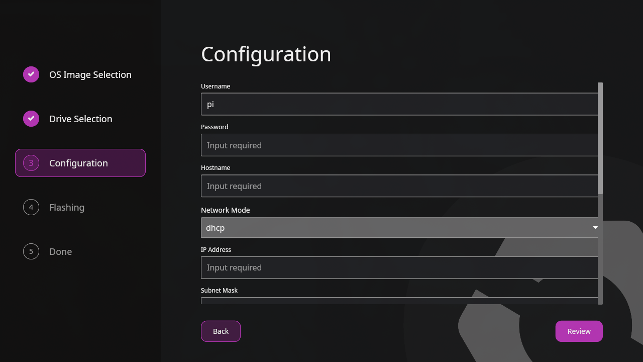 OpenSFF Media Writer configuration screen