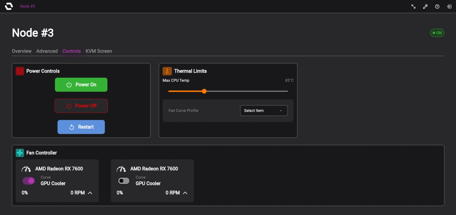 OpenSFF management interface Controls tab